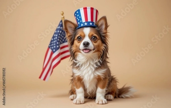 Fototapeta Patriotic Pup: Adorable Chihuahua in Uncle Sam Hat with American Flag
