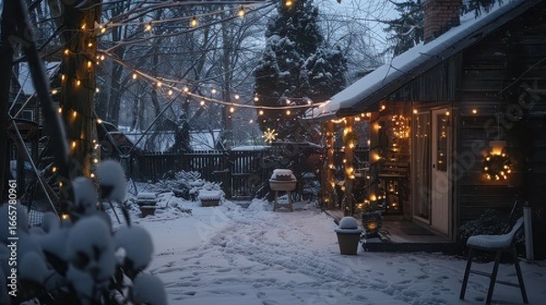 Fototapeta A snowy backyard scene with a house decorated with christmas lights and snow covered trees and plants