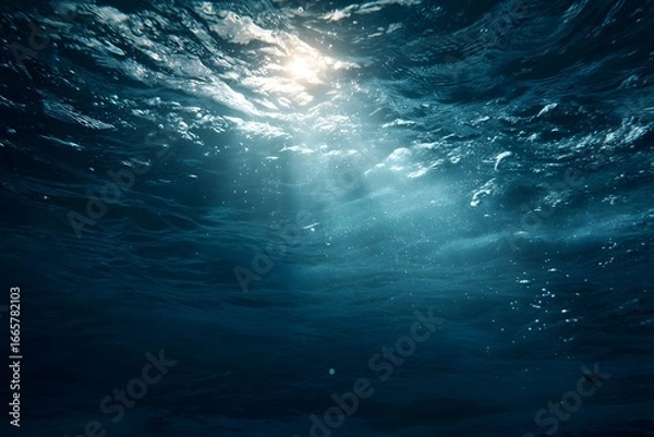 Fototapeta An underwater shot of the ocean surface, a beam of light is shining down through it. The camera angle looks up from below into the deep blue water. 