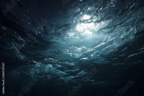Fototapeta An underwater shot of the ocean surface, a beam of light is shining down through it. The camera angle looks up from below into the deep blue water. 