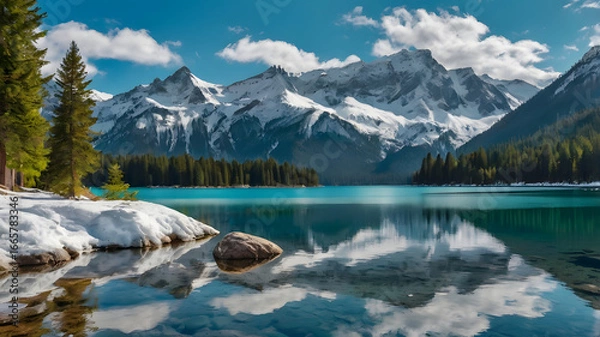 Fototapeta Turquoise Lake with Snow-Capped Mountains and Reflections