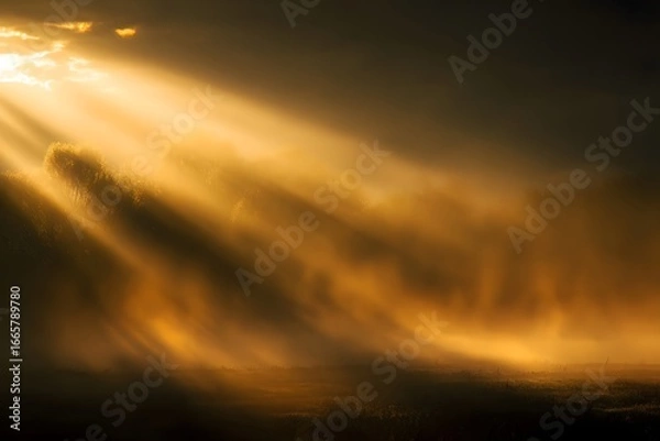 Fototapeta Ethereal sunlight beams pierce through misty forest, illuminating tranquil landscape at dawn