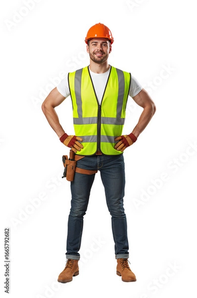 Fototapeta Confident construction worker in hard hat and safety vest showcasing expertise on isolated canvas