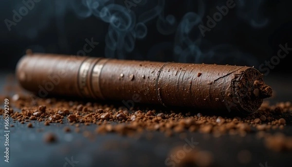 Fototapeta Smoked Cigar Resting on Coffee Grounds: A Dark and Moody Close-Up Photography