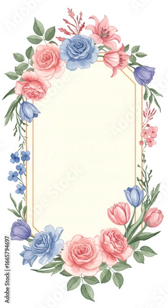 Fototapeta Floral Arrangement Illustration with Roses and Tulips in a Border Frame