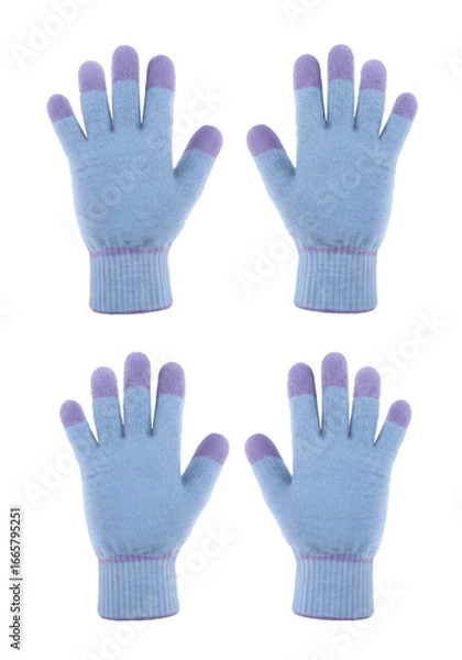 Fototapeta Four Pairs Of Light Blue Gloves with Purple Touchscreen Tips on Transparent Background