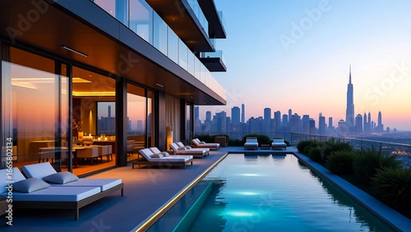 Fototapeta Luxury condominium terrace with infinity pool and elegant lounge, offering breathtaking panoramic views of a vibrant urban skyline at sunset