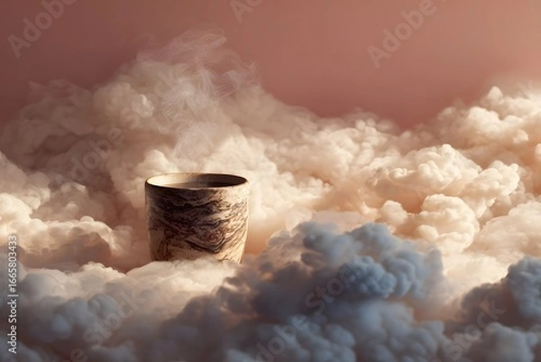 Obraz A steaming cup emerges from a fluffy cloudscape, evoking a serene morning atmosphere
