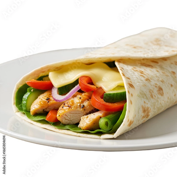Fototapeta Photo of a Chicken Wrap with Colorful Vegetables on a White Plate