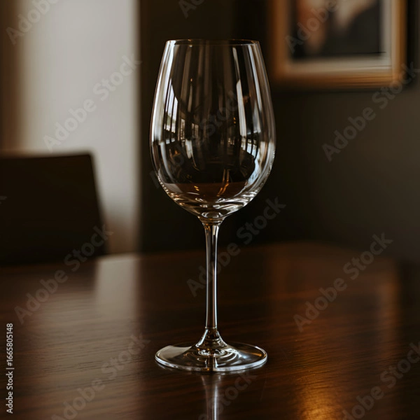 Fototapeta Photo of a Crystal Wine Glass on a Wooden Table with Soft Lighting and Blurred Background