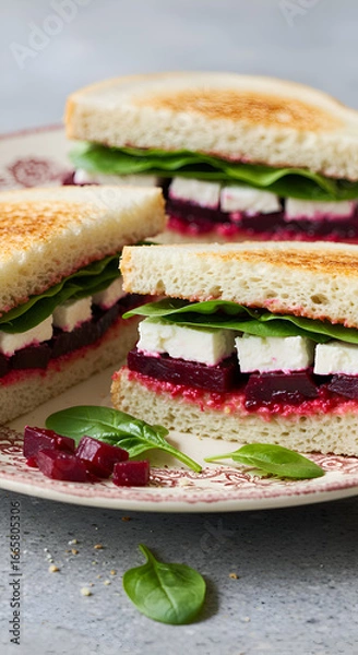 Fototapeta Photo of a Delicious Sandwich with Beet and Feta Cheese on Rustic Plate