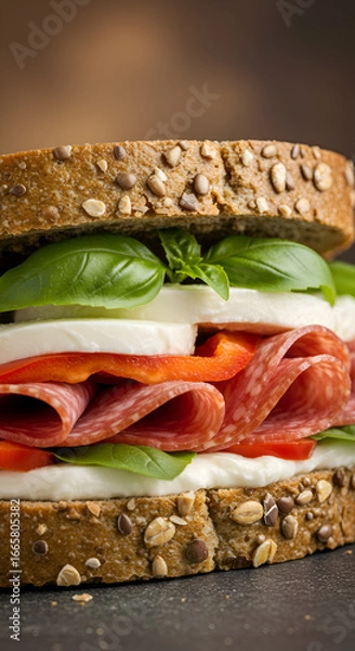 Fototapeta Photo of a Delicious Sandwich with Salami Mozzarella and Basil on Brown Grain Bread