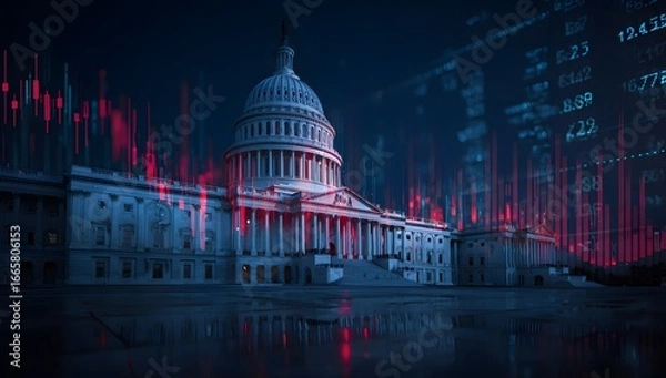 Fototapeta Dependence stock market trading graphic of the US Capitol building with digital charts and graphs in blue background