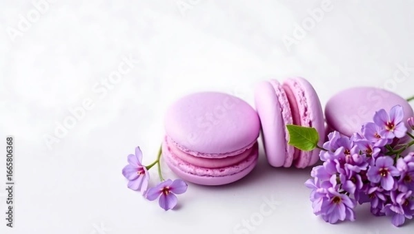Fototapeta Minimalist composition of three purple macarons with lilac flowers on a light gray background, high-resolution