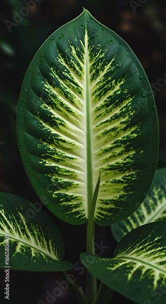 Fototapeta Photo Of A Large Green And White Leaf With Water Droplets And Detailed Veins