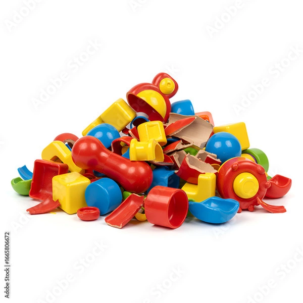 Fototapeta Photo of a Pile of Colorful Plastic Toys in Various Shapes against White