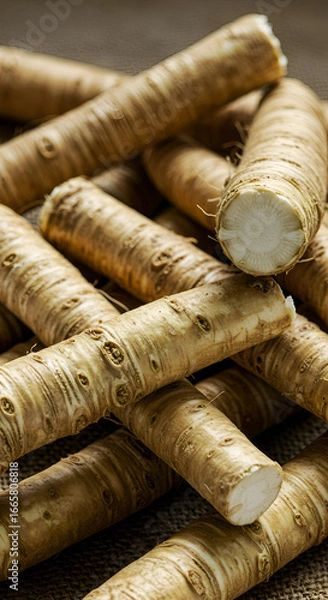 Fototapeta Photo of a pile of horseradish roots with brown texture and rough surface detail