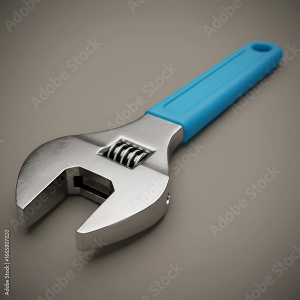 Fototapeta Photo of a Silver Chrome Wrench Tool with a Blue Handle on Grey Background