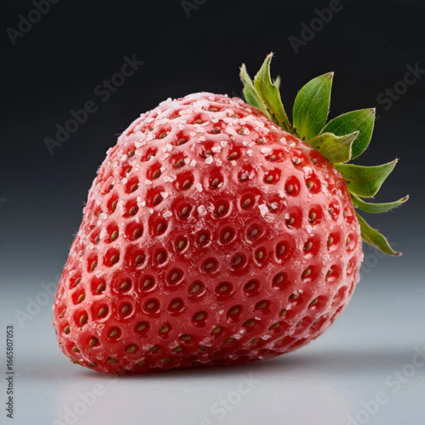 Fototapeta Photo Of A Single Sugared Strawberry With Red Skin And Green Leaves
