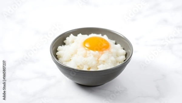 Fototapeta Minimalist food styling of tamago kake gohan with fresh egg yolk over pristine white rice in an elegant gray bowl, isolated on a marble surface, diffused studio light