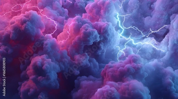 Obraz Dramatic storm clouds illuminated by vibrant pink and blue lightning bolts in a surreal sky
