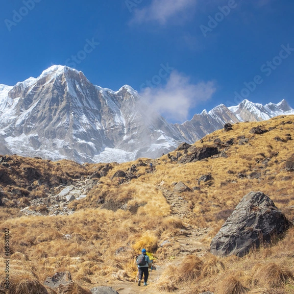 Fototapeta A trekker hiking up the narrow trekking trail of Annapurna base camp trek in nepal Himalayas. Snow clad Mt. Annapurna south mountain peak in background against blue sky. Dry grass meadow in foreground