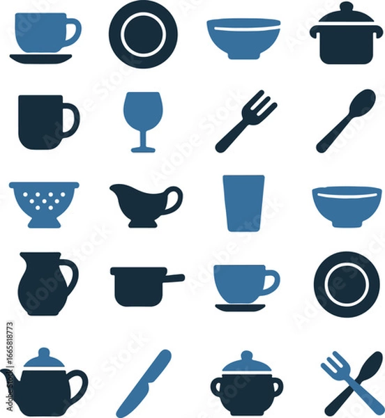 Fototapeta Flat kitchen and food icons set featuring cups, bowls, plates, utensils, and cookware. Perfect for restaurant menus, cafe branding, food apps, culinary projects, and modern kitchen designs.