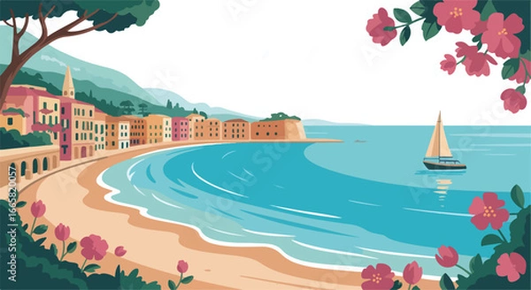 Fototapeta Illustration of a beach scene with buildings and palm trees nearby