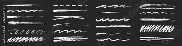 Fototapeta Chalk line underline brush set. Hand drawn crayon and pencil stroke with chalk texture and grunge mark for kid chalkboard design. Doodle border crayon underline in sketch style. Vector illustration