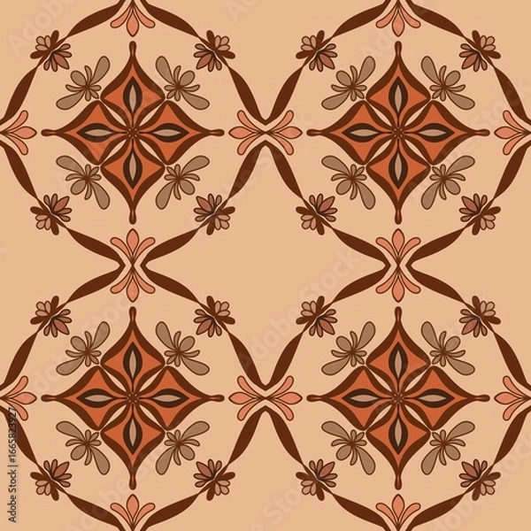 Fototapeta Seamless Vintage Floral Tile Pattern in Red and Brown – Vector Decorative Design for Wallpaper, Fabric, Scrapbooking, Wrapping Paper, and Digital Backgrounds