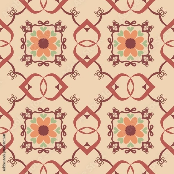 Fototapeta Seamless Vintage Floral Tile Pattern in Beige Red and Green – Vector Decorative Design for Wallpaper, Fabric, Scrapbooking, Wrapping Paper, and Digital Backgrounds