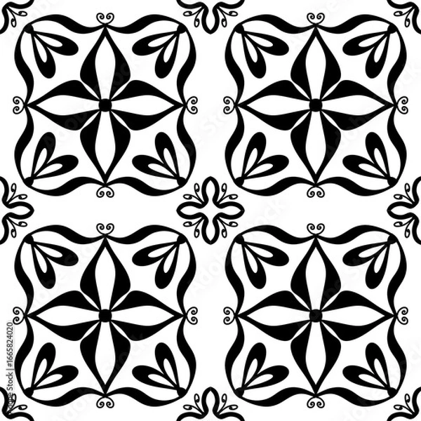 Fototapeta Seamless Black and White Geometric Floral Tile Pattern – Vector Ornamental Mandala Design for Wallpaper, Fabric, Scrapbooking, Wrapping Paper, and Digital Backgrounds