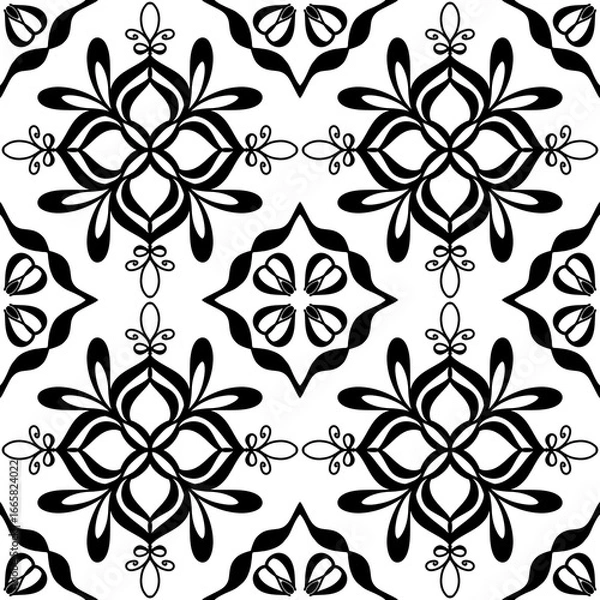 Fototapeta Seamless Black and White Floral Ornamental Tile Pattern – Vector Mandala Decorative Design for Wallpaper, Fabric, Scrapbooking, Wrapping Paper, and Digital Backgrounds