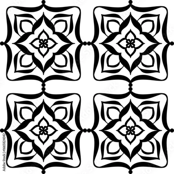 Fototapeta Seamless Black and White Floral Geometric Tile Pattern – Vector Decorative Mandala Design for Wallpaper, Fabric, Scrapbooking, Wrapping Paper, and Digital Backgrounds