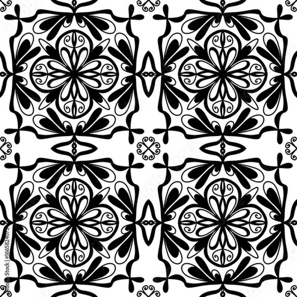 Fototapeta Seamless Black and White Decorative Floral Tile Pattern – Vector Ornamental Mandala Design for Wallpaper, Fabric, Scrapbooking, Wrapping Paper, and Digital Backgrounds 