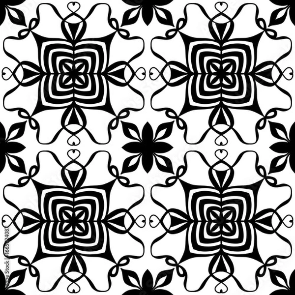Fototapeta Seamless Black and White Abstract Floral Mandala Pattern – Vector Decorative Tile Design for Wallpaper, Fabric, Scrapbooking, Wrapping Paper, and Digital Backgrounds