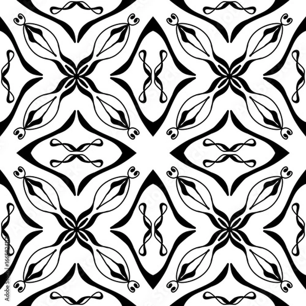 Fototapeta Seamless Black and White Geometric Floral Tile Pattern – Vector Decorative Design for Wallpaper, Fabric, Scrapbooking, Wrapping Paper, and Digital Backgrounds