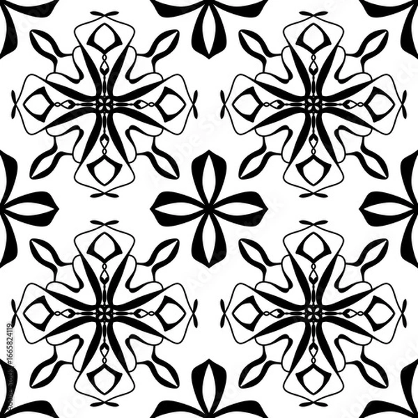 Fototapeta Seamless Black and White Geometric Floral Mandala Pattern – Vector Decorative Tile Design for Wallpaper, Fabric, Scrapbooking, Wrapping Paper, and Digital Backgrounds