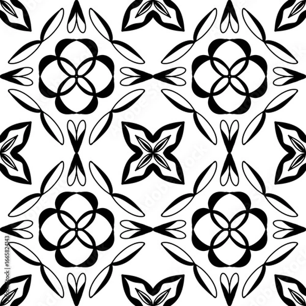 Fototapeta Seamless Black and White Floral Geometric Tile Pattern – Vector Decorative Design for Wallpaper, Fabric, Scrapbooking, Wrapping Paper, and Digital Backgrounds