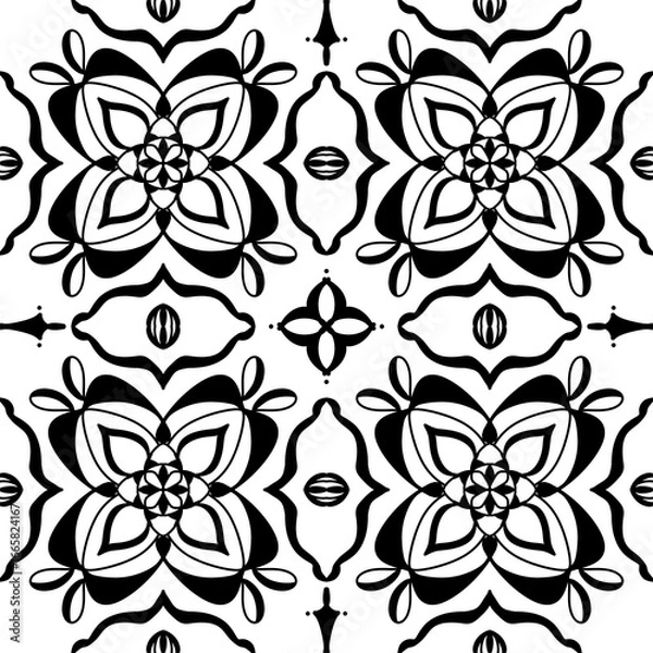 Fototapeta Seamless Black and White Floral Tile Pattern – Vector Decorative Design for Wallpaper, Fabric, Scrapbooking, Wrapping Paper, and Digital Backgrounds