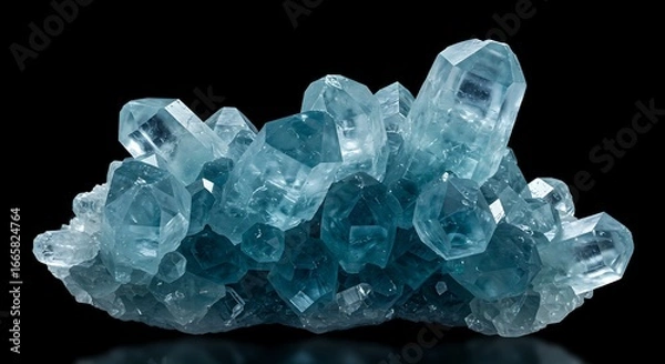 Fototapeta Close-up of a Cluster of Aquamarine Crystals Against a Black Background