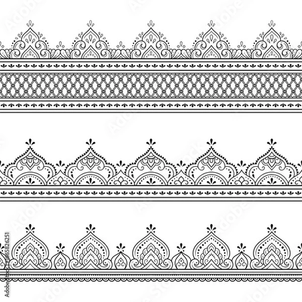 Fototapeta Set of Seamless borders pattern for Mehndi, Henna drawing and tattoo. Decoration in ethnic oriental, Indian style. Doodle ornament. Outline hand draw vector illustration.