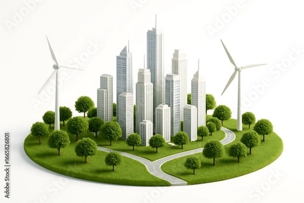 Fototapeta Sustainable urban development a miniature city with wind turbines, green spaces, and modern architecture isolated on white background