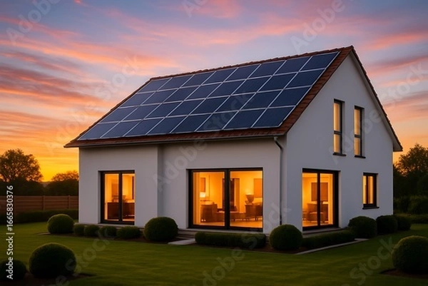 Fototapeta A modern house with solar panels on the roof during sunset, showcasing sustainable energy and architectural design for ecofriendly living