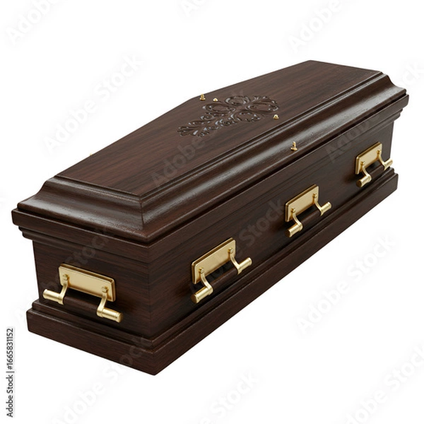 Fototapeta Realistic 3D Render of a Dark Wooden Coffin with Gold Handles Isolated