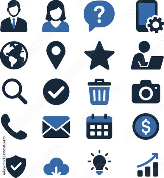 Fototapeta Professional business and office flat icons set including communication, management, global, email, phone, and settings symbols. Perfect for apps, web, presentations, and corporate projects.