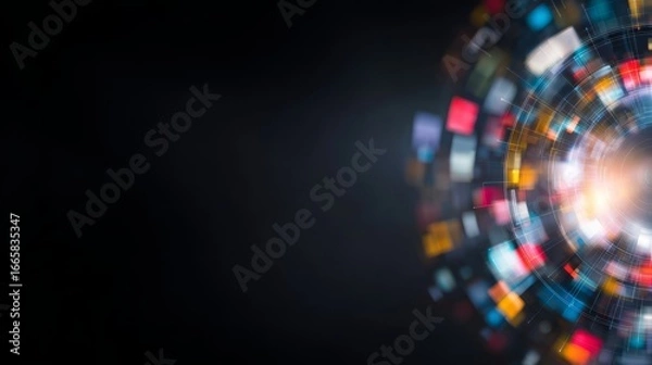 Fototapeta Abstract circular image showcasing a vibrant explosion of colorful light with radiant beams and glowing particles creating a mesmerizing and dynamic visual effect against a dark background.