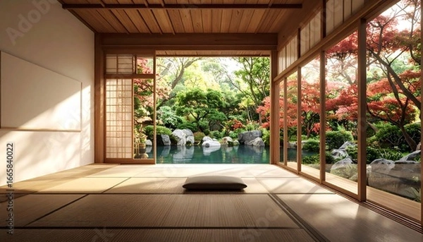 Fototapeta A serene Japanese-style room, bathed in natural light, overlooks a tranquil garden with a pond and colorful autumn trees.