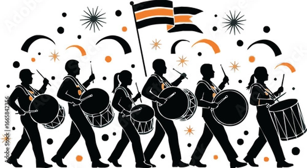 Fototapeta Silhouettes of a marching band parading, with multiple drummers and a flag bearer, surrounded by festive confetti and starbursts.