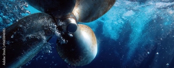 Fototapeta The propeller of a ship underwater with bubbles and sunlit blue ocean